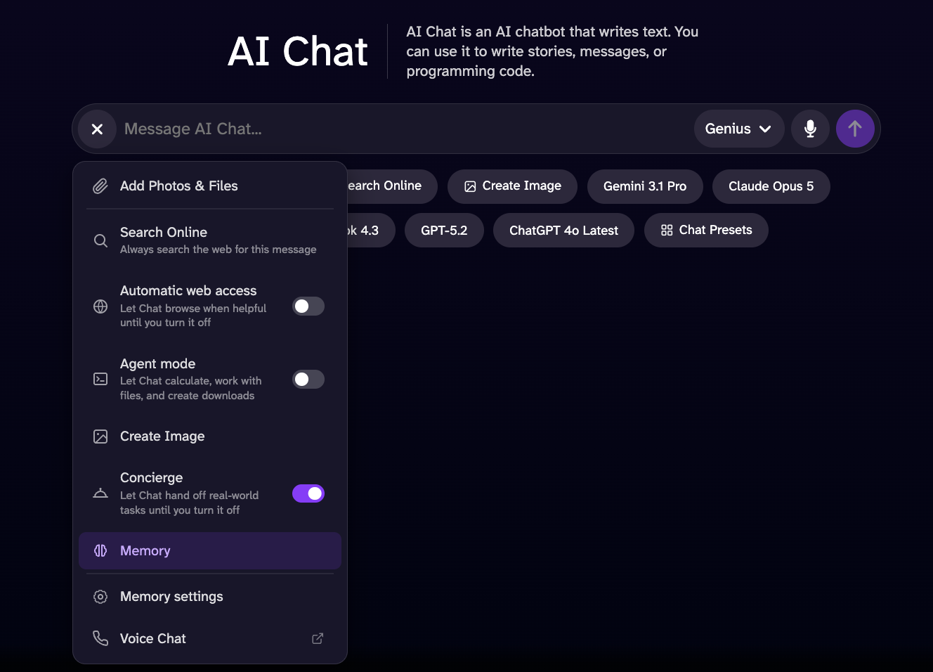 The AI Chat tools menu