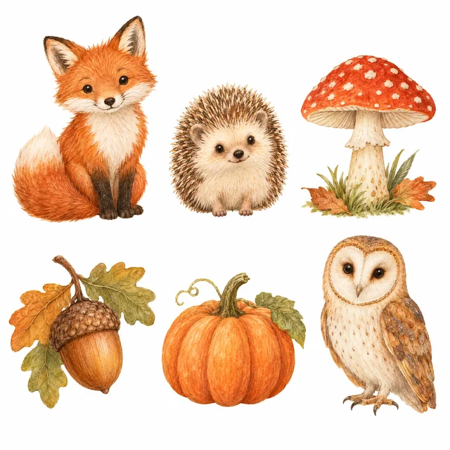 Six coordinated watercolor woodland clip art illustrations