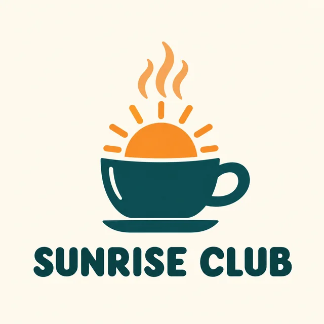SUNRISE CLUB cafe logo with a rising sun and coffee cup