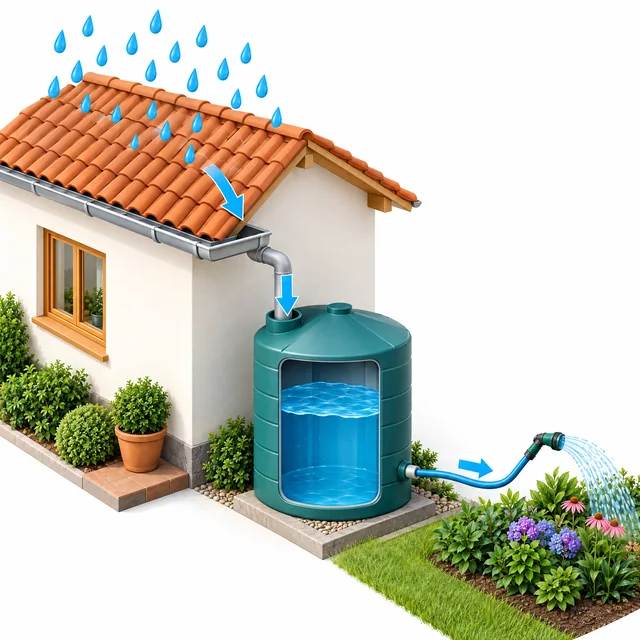 Cutaway illustration of a house collecting rainwater for a garden