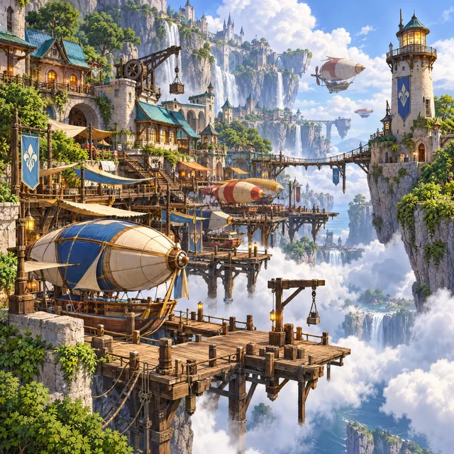 Illustrated skyship harbor with cliffside docks and teal roofs