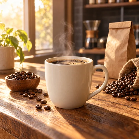 La vapeur qui s'échappe d'une tasse de café dans la douce lumière du matin