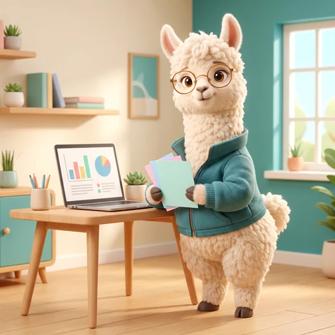 La même mascotte présentant un ordinateur portable dans un bureau