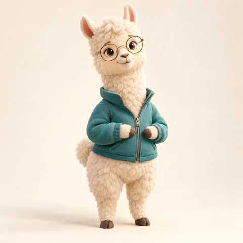 Une mascotte en forme d'alpaga portant une veste bleu sarcelle et des lunettes